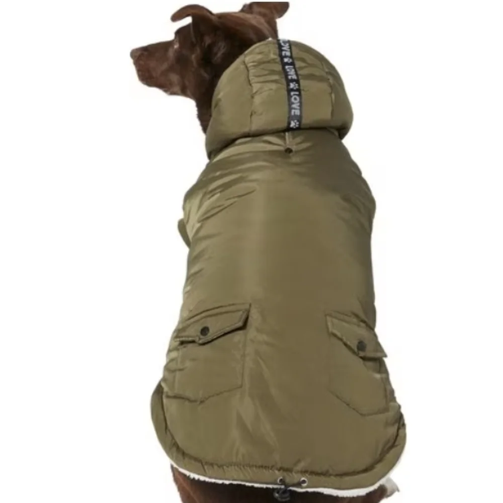 Frisco Dog Insulated Mid-Heavyweight Olive Colored Love Coat‎ Size Medium